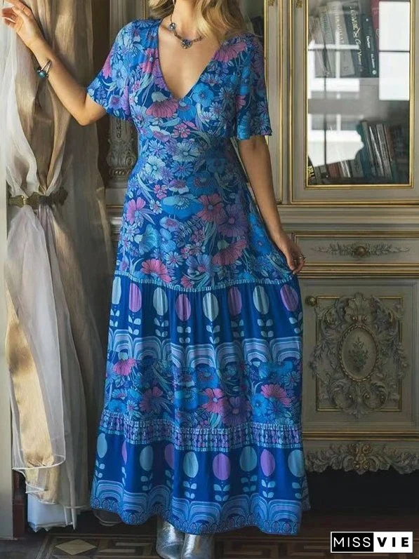 Women's Dresses Vintage Print V-Neck Short Sleeve Dress
