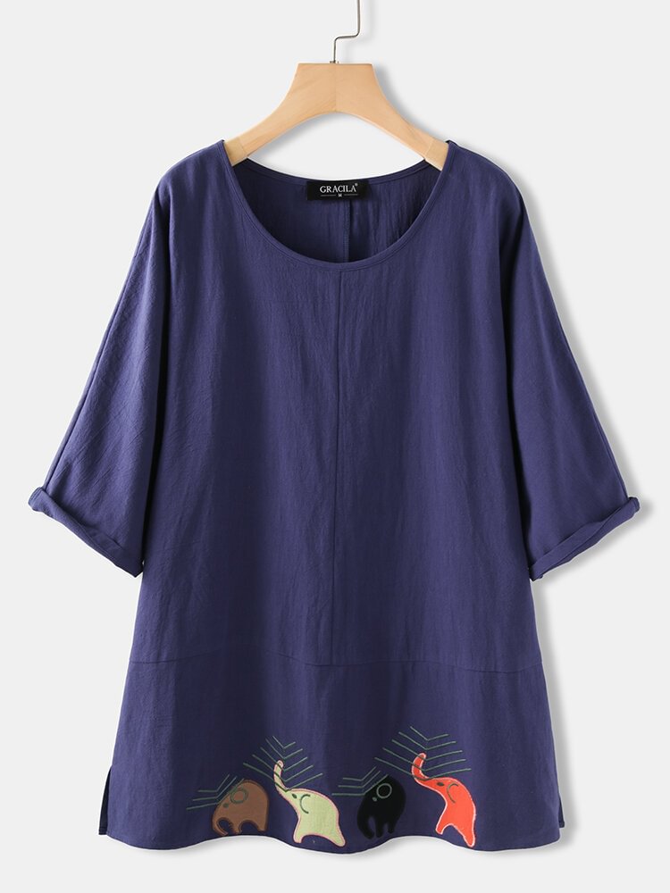 Women Embroidery Half Sleeve Overhead Casual T Shirt P1669291