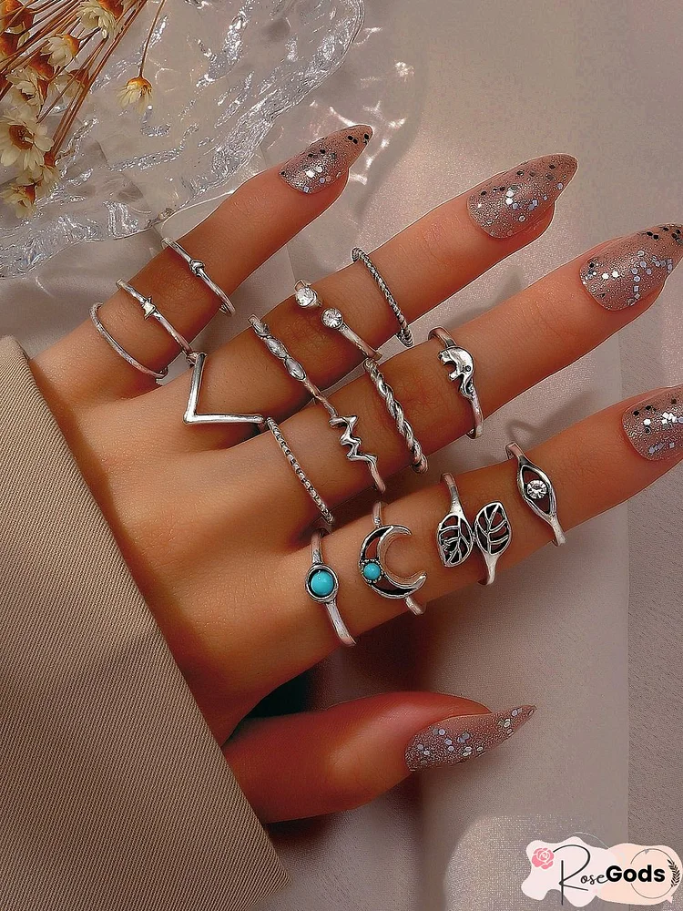 15Pc Bohemian Holiday Style Inlaid Turquoise Multilayer Ring Ethnic Style Vintage Beach Jewelry