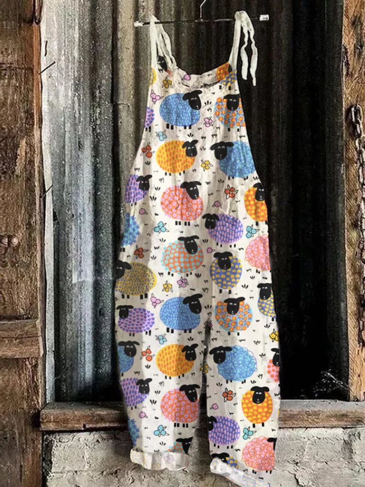 Happy Sheeps Print Linen Blend Loose Jumpsuit