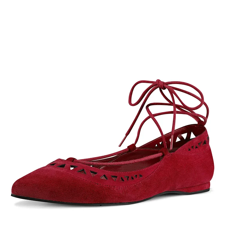 Red Pointy Toe Hollow out Comfortable Flats Strappy Ballet Shoes |FSJ Shoes
