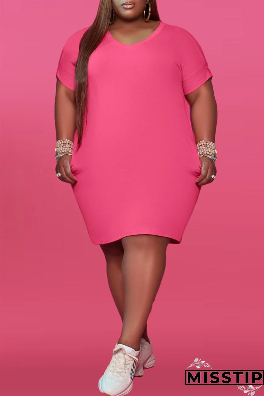 Red Fashion Casual Plus Size Solid Basic V Neck Short Sleeve Dress