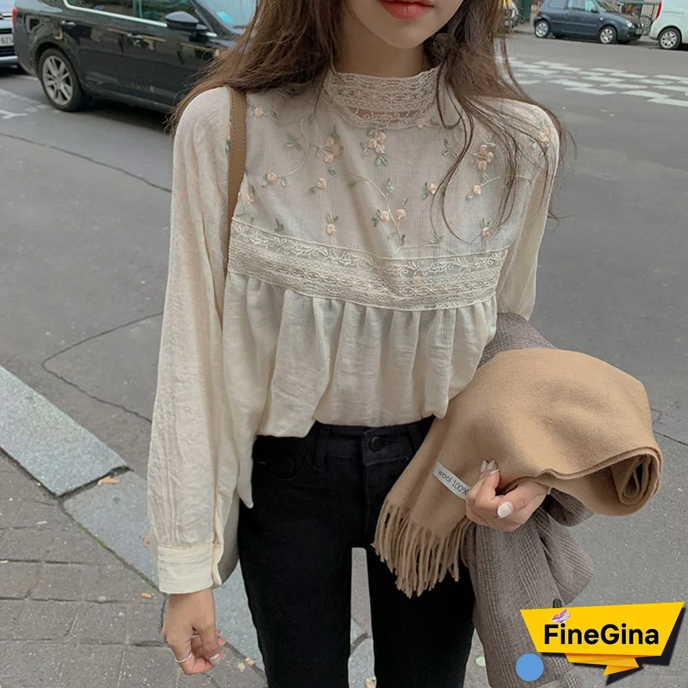 New Elegant Lace Stand Collar Blouse Shirt Sexy Hollow Out Floral Embroidery Feminine Blouses Women Long Sleeve Tops