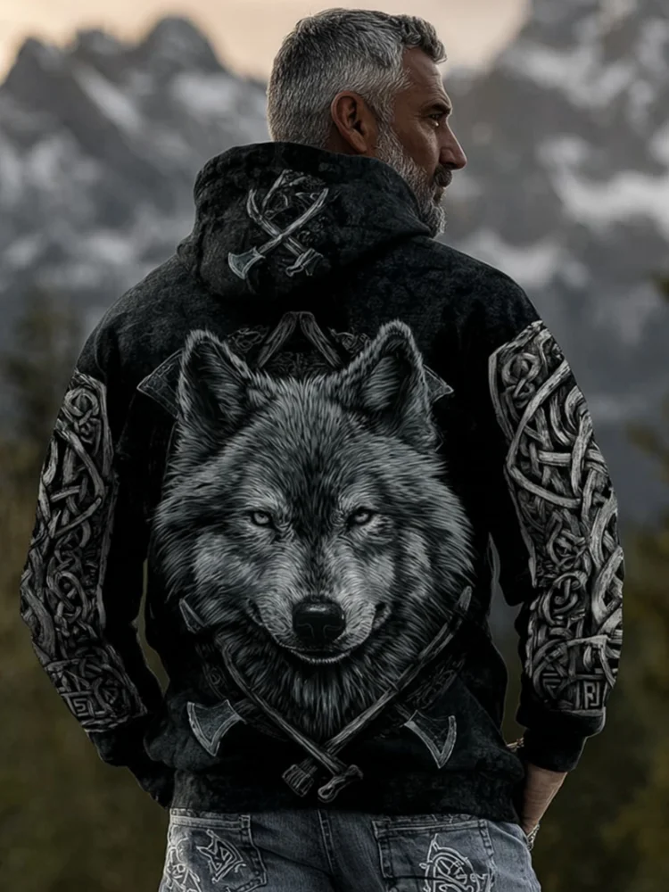 Men's Viking Wolf Head Cross Axe Celtic Knot Printed Hoodie