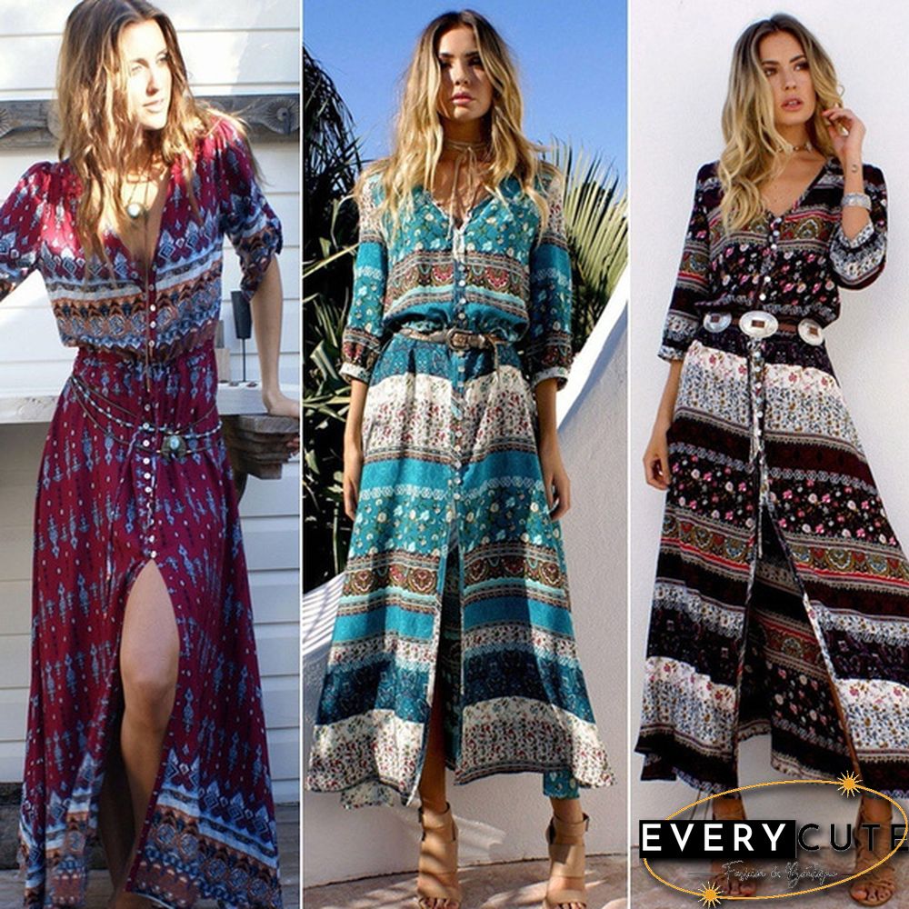 Women new Bohemian printing long dress women long dress floral print retro hippie chic clothing boho dress