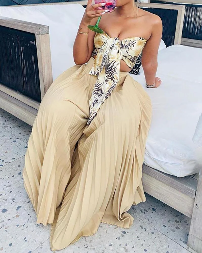 Two-piece set of lace-up tube top & pleated wide-leg pants