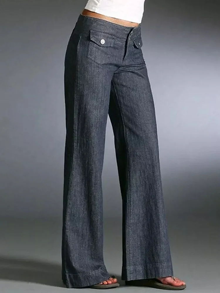 Casual Plain Wide Leg Denim Pants With Flap Pockets