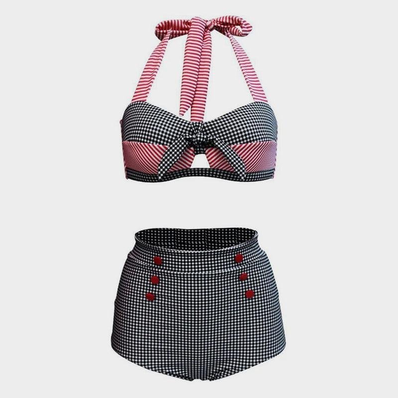 PLAID STRIPE BOW HALTER BIKINI