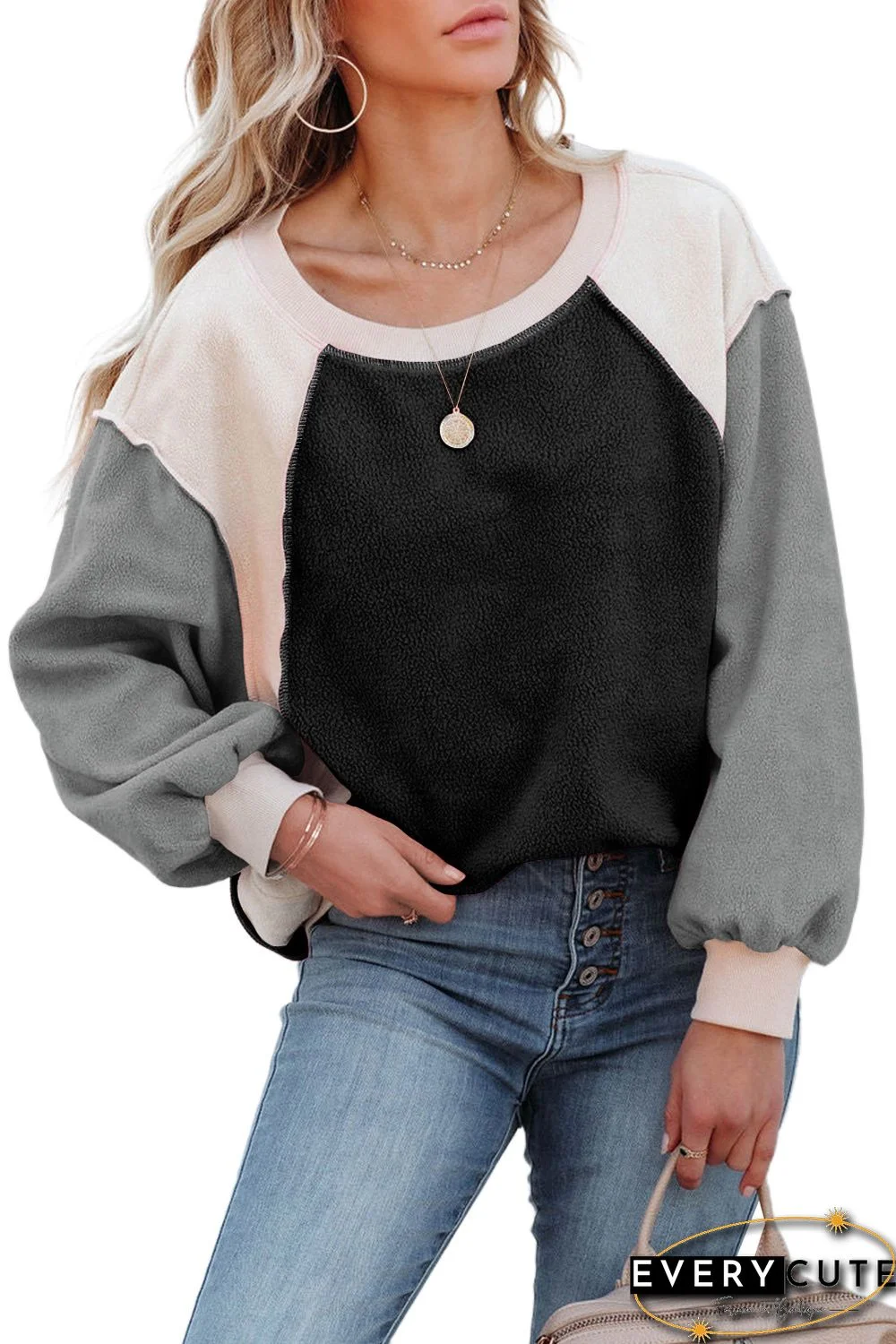 Gray Colorblock Long Sleeve Pullover Fleece Sweatshirt