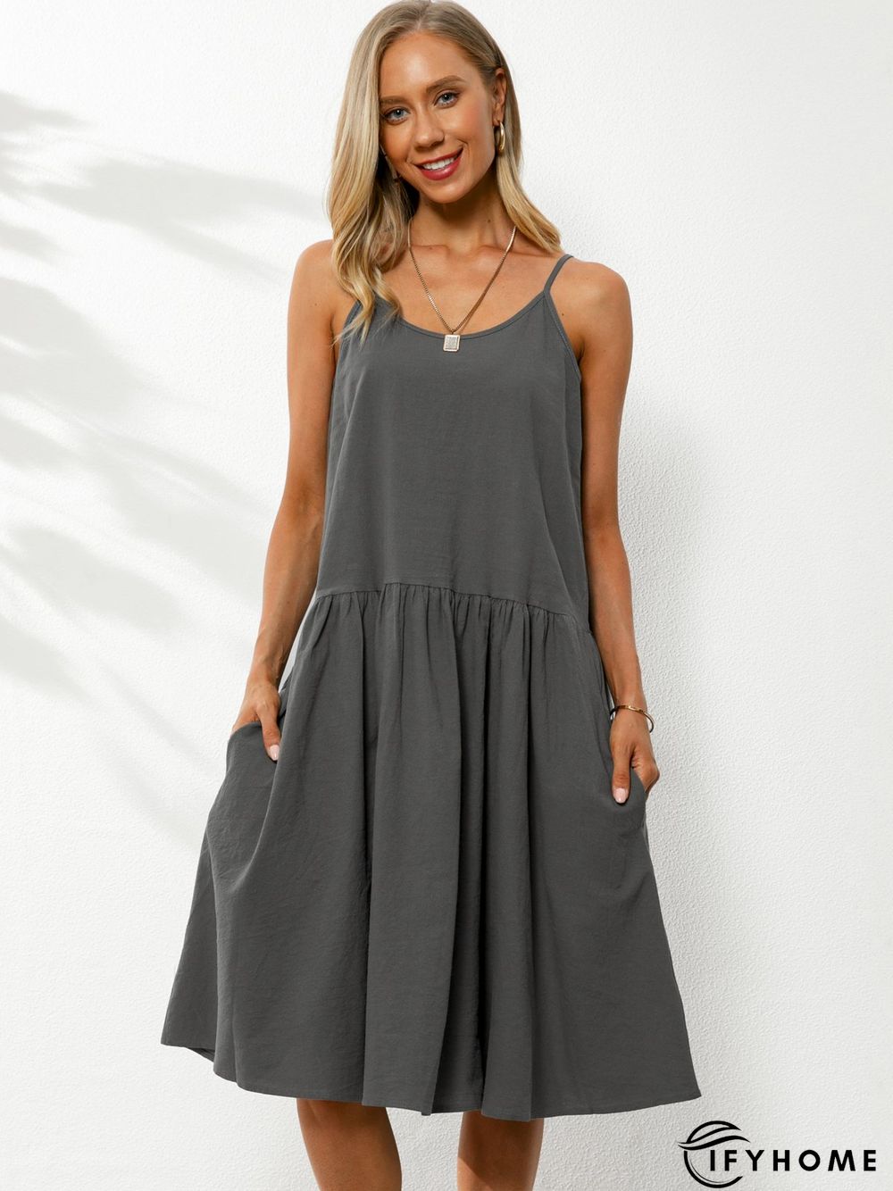 U-Neck Cotton-Blend Sleeveless Solid Weaving Dress | IFYHOME