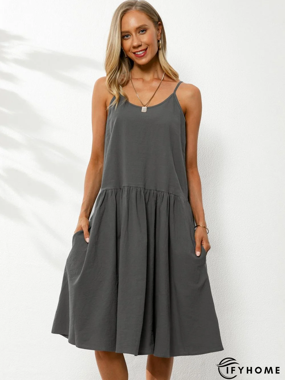 U-Neck Cotton-Blend Sleeveless Solid Weaving Dress | IFYHOME