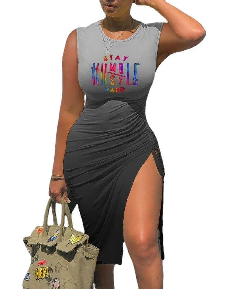 Summer Drawstring Dress Women Fashion Print V-neck Short-sleeved Drawstring Tight Tshirt Dress Women