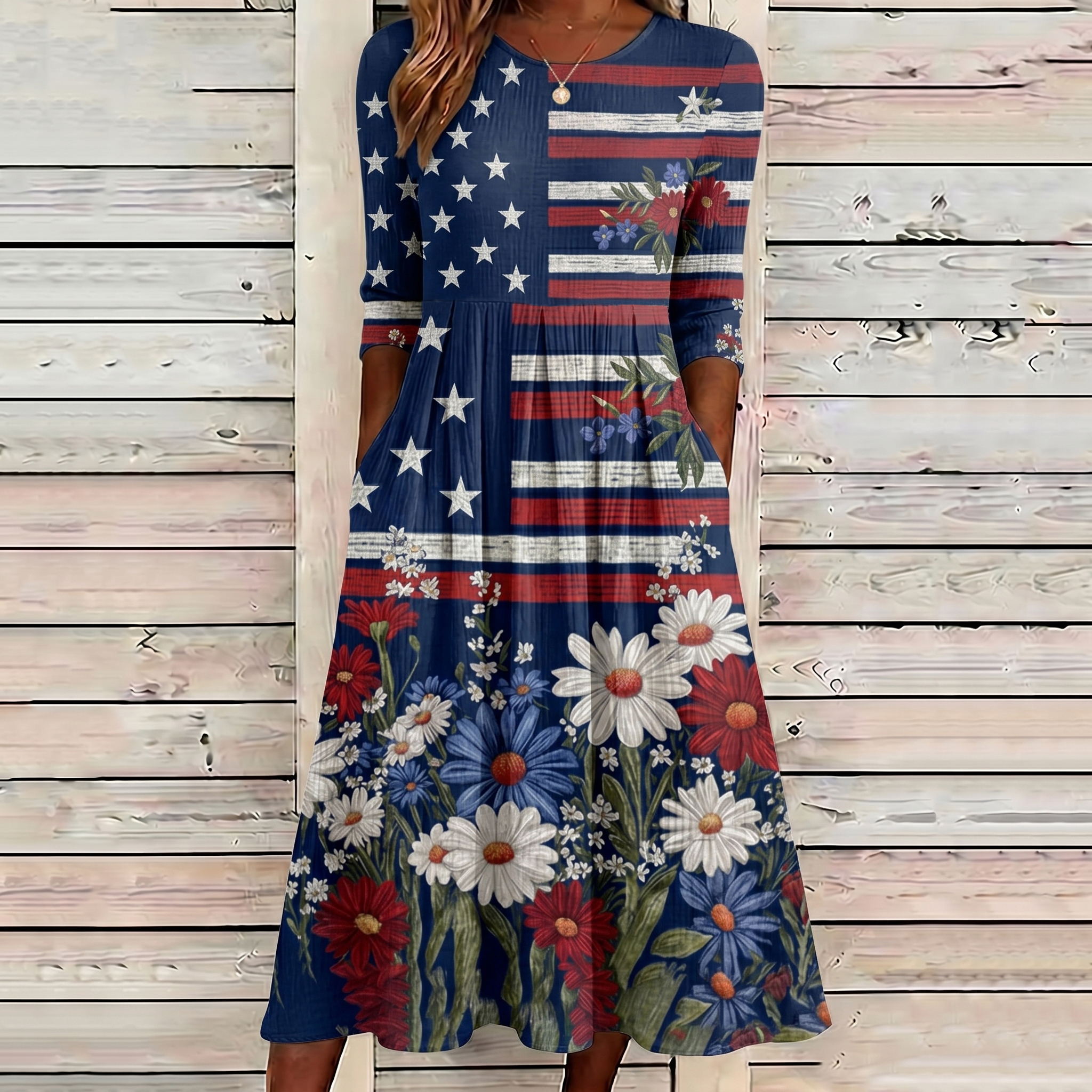  Women's Vintage Independence Day Flag Flower Art Print Midi Dress Westsshops