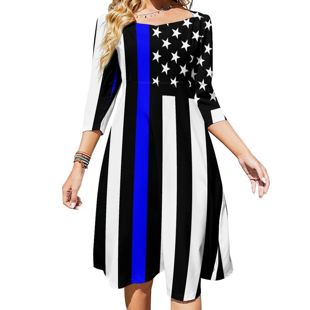 Thin Blue Line American Flag Graphic On Dress Sweetheart Tie Back Flared 3/4 Sleeve Midi Dresses