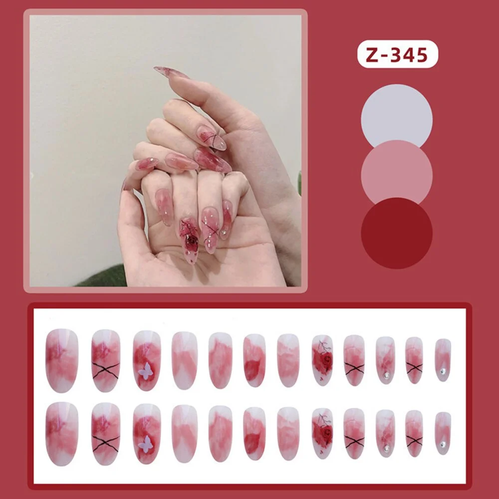 24pcs Pink Rose Design False Nail Patch Coffin Fake Nails Removable Long Paragraph Fashion Manicure Nail Art Press On Nail Tips-Nail Inspo