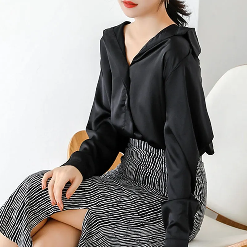 Spring blouses women 2021 office black top Solid V-Neck vintage korean fashion clothing ladies tops Button Chiffon shirt 7977 50