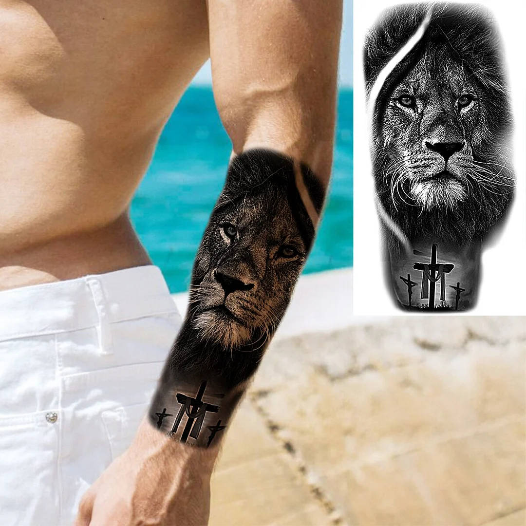 Sdrawing Warrior Punk Skeleton Gangster Rose Flower Temporary Tattoos For Women Men Lion Tiger Skull Rose Fake Tattoo Sexy Arm