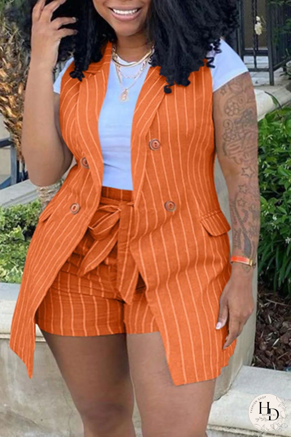 Orange Fashion Casual Striped Print Patchwork Cardigan Turndown Collar Plus Size Two Pieces (Without T-shirt)