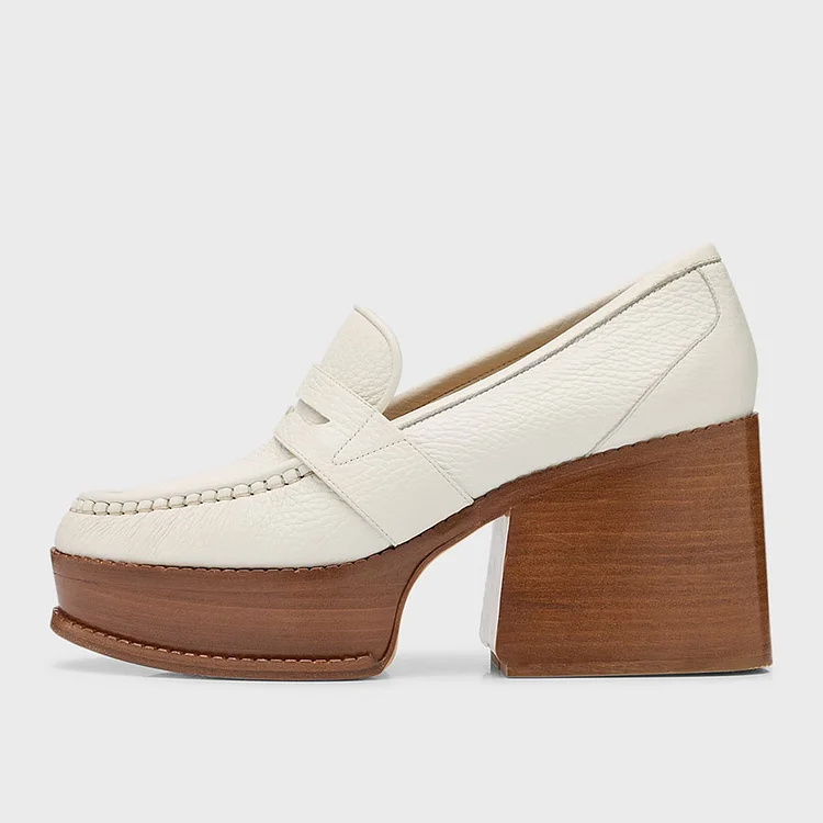 Beige Round Toe Chunky Heel Platform Penny Loafers for Women |FSJ Shoes