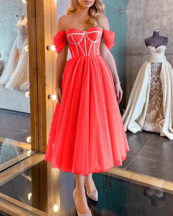Elegant Sequined Off-the-shoulder Mid-length Evening Dress S-XL