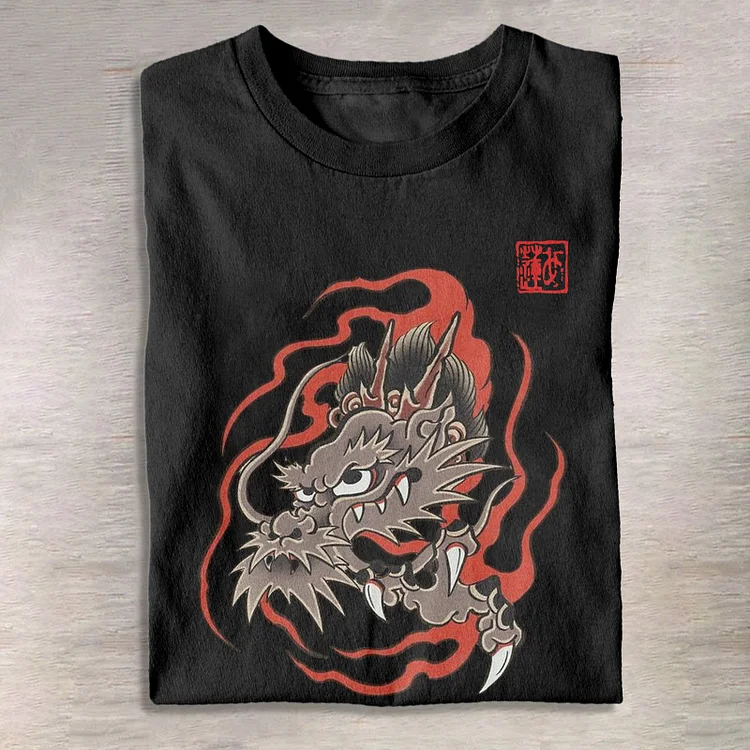 Fire-breathing Dragon Head Japanese Print T-shirt