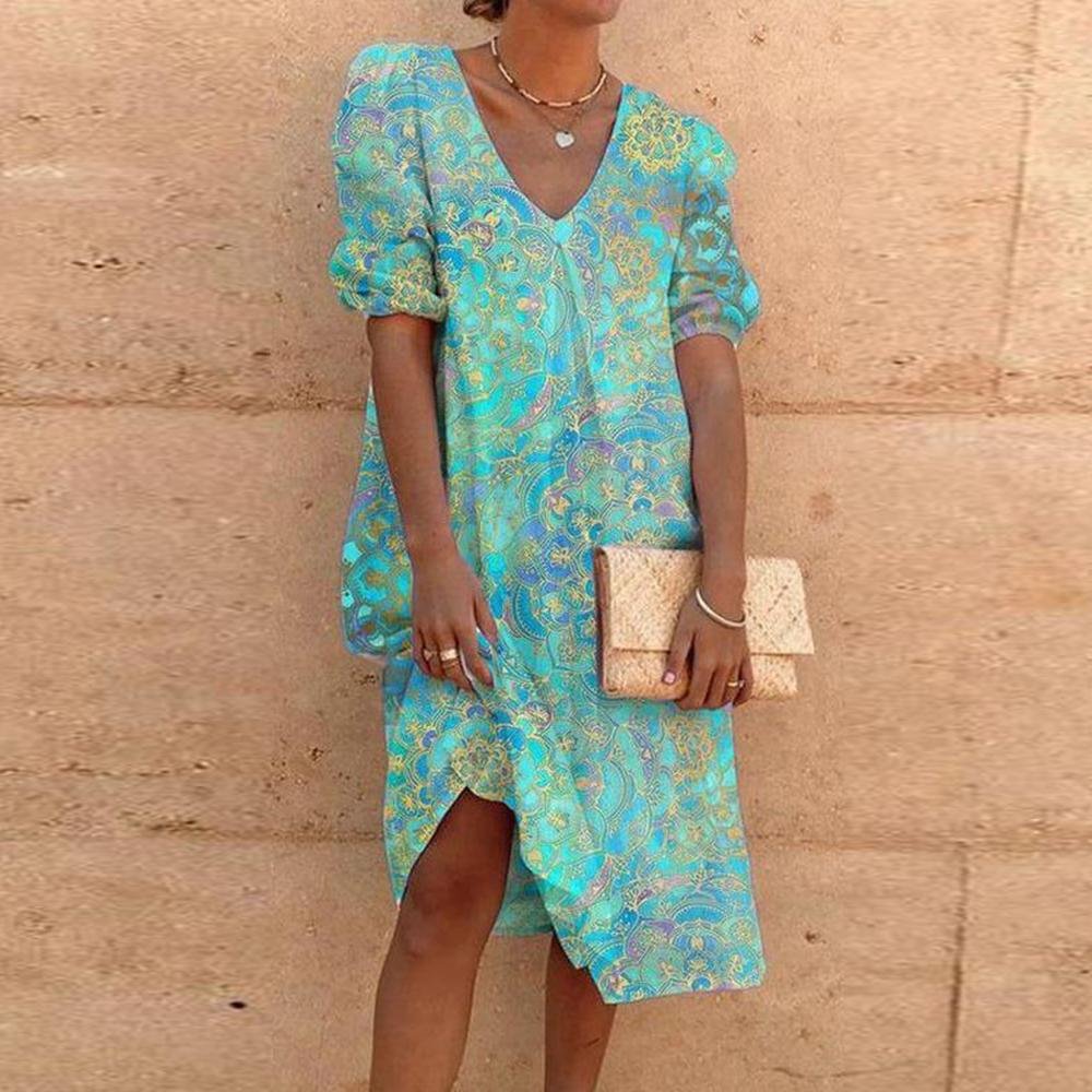 Bright Print V-Neck 3/4 Sleeve Midi Dress
