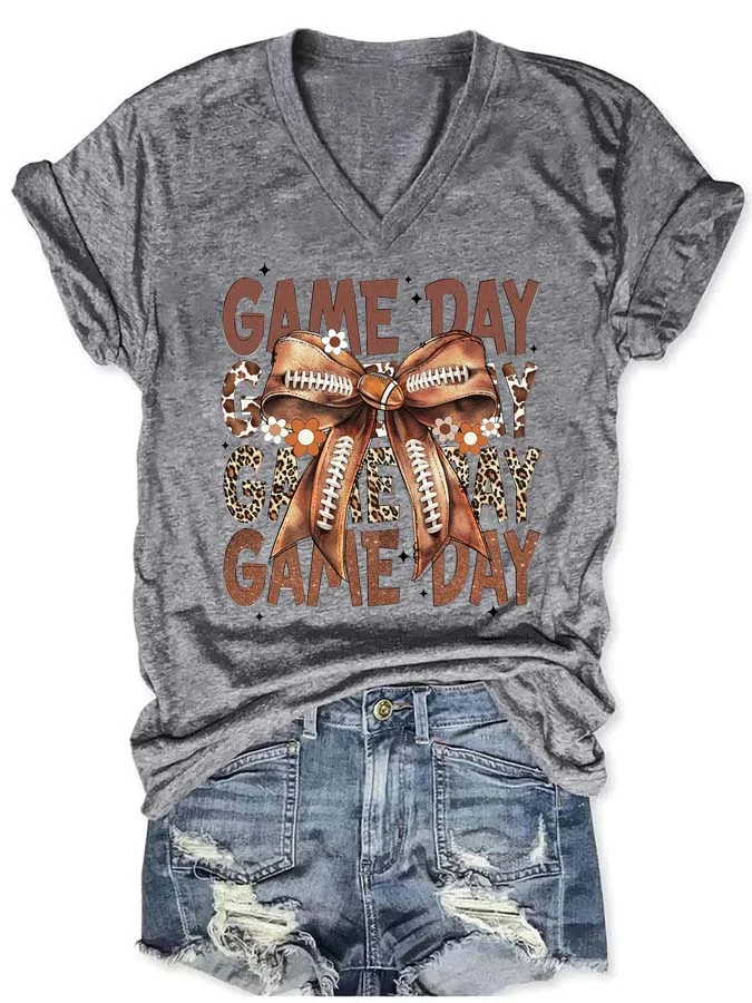 Game Day Retro Football Bow V Neck T-Shirt