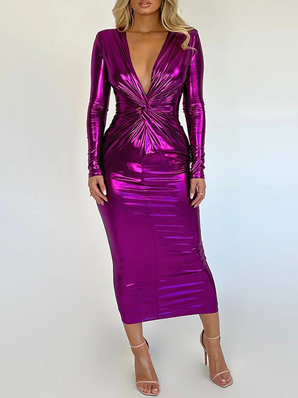 Solid Color Shiny Knot Long Sleeves High Waisted Deep V-Neck Midi Dresses