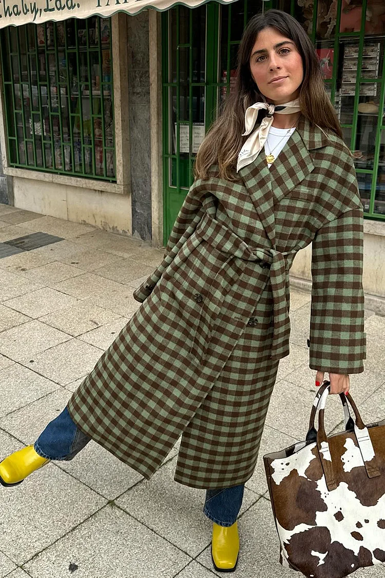 Plaid Pattern Notch Collar Long Sleeve Tie Up Trench Coat-Green [Pre Order]
