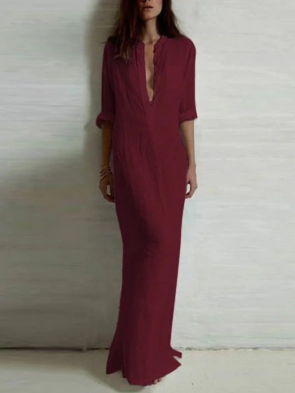 Minimalist Ramie Cotton Pure Color Split-Side Maxi Dress
