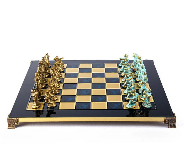 Archaic Period Solid Brass Chess Set in Blue - 17"