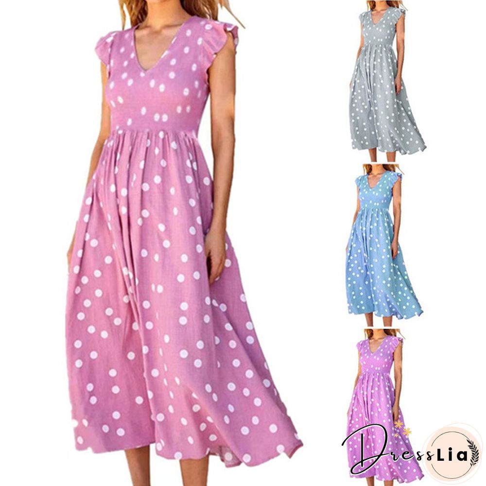 Spring And Summer New European And American Women's Wear V-Neck Large Skirt Wave Dot Printed Dress Women's Long Skirt