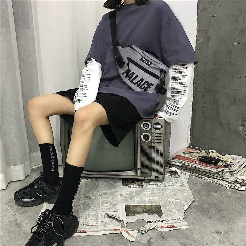 NiceMix New women's letter print loose fake two-piece stitching long-sleeved T-shirt