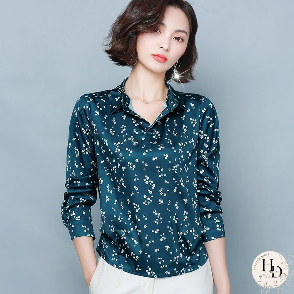 Fashionable New Long-Sleeved Retro-Print Shirt for Women-Elegant Silk Blouse for Office