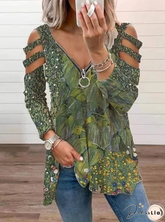 Off-shoulder V-neck Zipper Long-sleeved T-shirt
