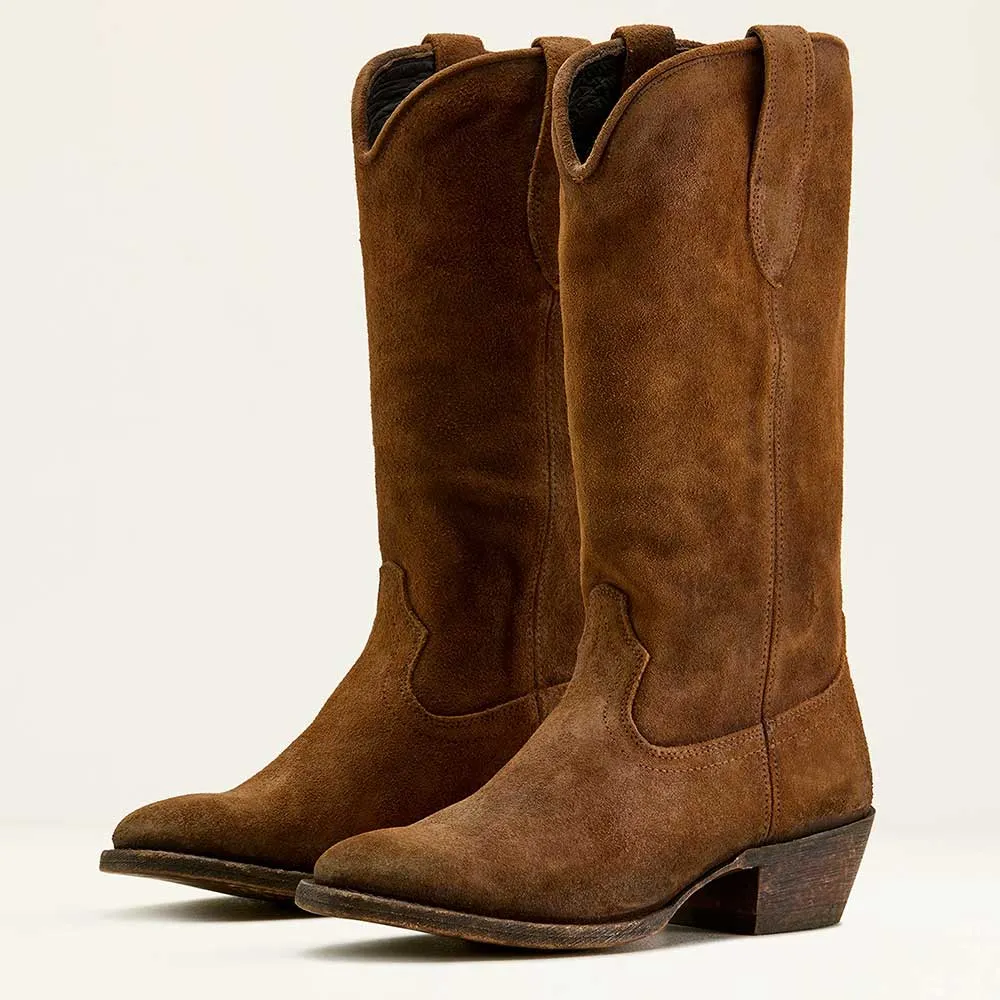 Brown Round Toe Block Heel Mid Calf Cowgirl Boots for Women