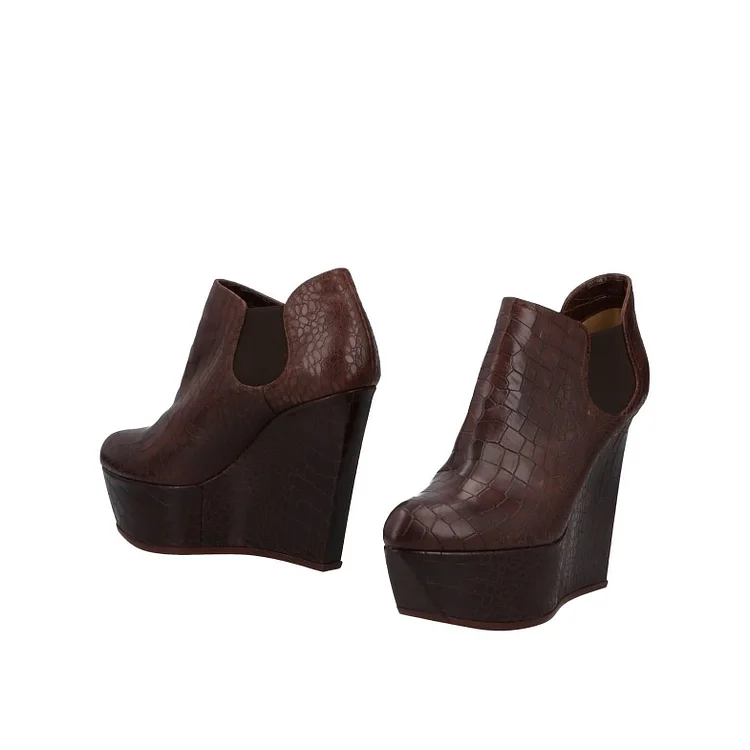 Chocolate Round Toe Wedge Booties Casual Platform Ankle Boots |FSJ Shoes