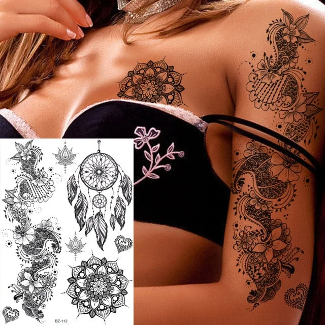 REJASKI Black Henna Lace Temporary Tattoos Sticker For WOmen Butterfly Moth Mehndi Flower Fake Tatoo Sticker Feather Flora Tatoo