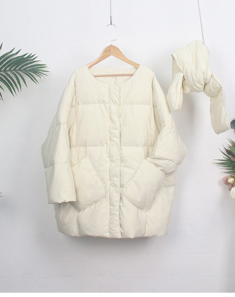 FTLZZ Winter Loose Down Jacket Women 90% White Duck Down Coat Round Neck Loose Thick  Parkas Female Warm Snow Outwear Up Scarf