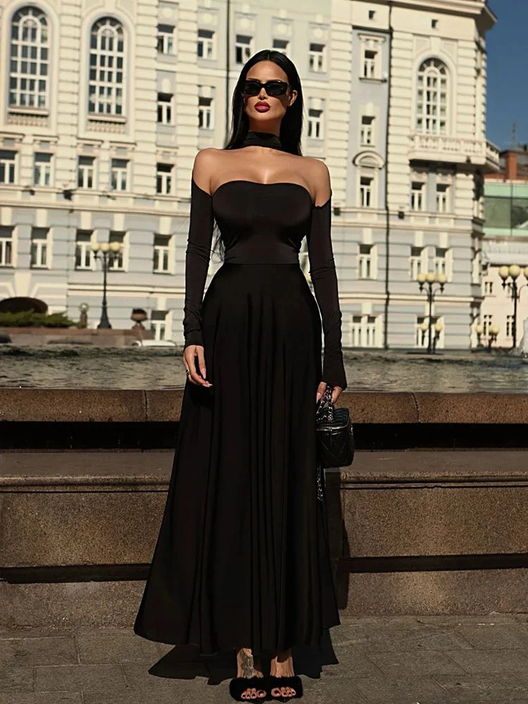 Toloer Off-Shoulder Long Sleeve Flare Maxi Dress-Outfit Ideas