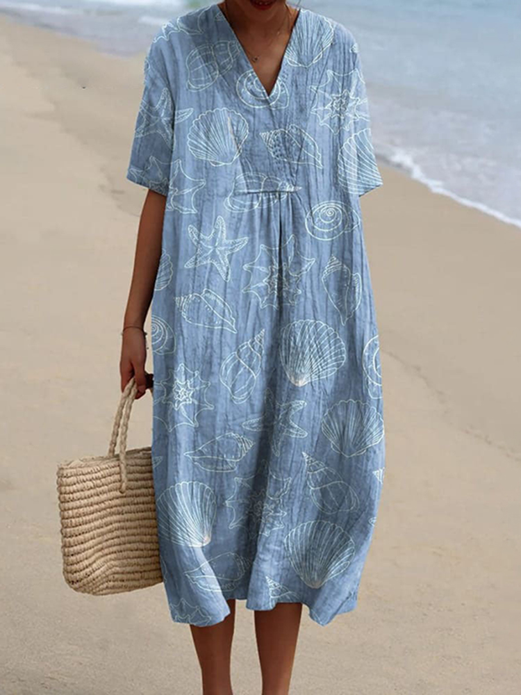 Comstylish Summer Sea Shell Pattern Printed Women's Flowy Dress