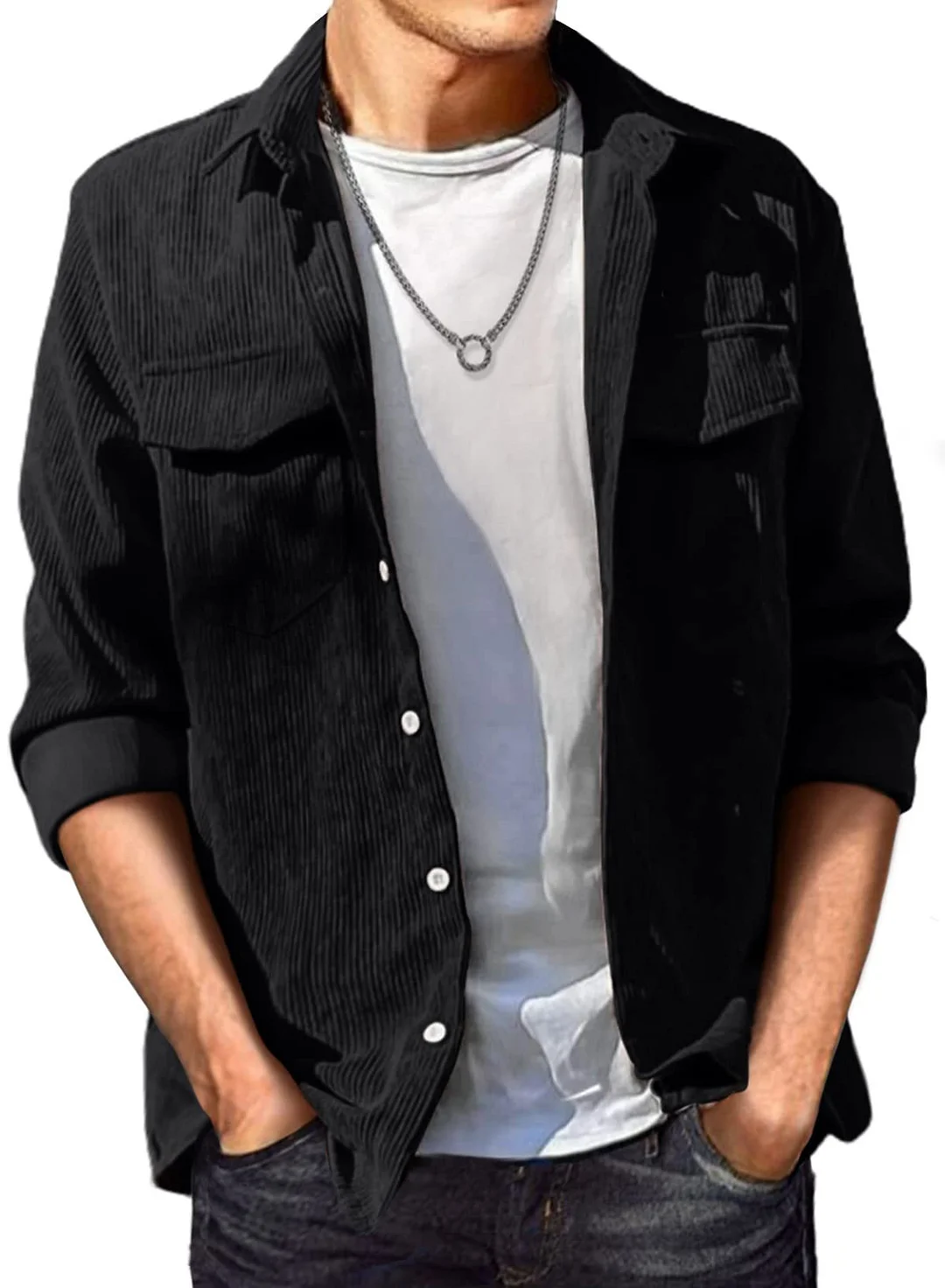 Men's Corduroy Cardigan Solid Color Lapel Loose Long-sleeved Shirt Jacket