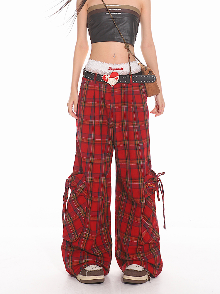 Hairrd Checked Trousers Women Vintage Plaid Loose Cargo Pants Y2K Hip Hop Wide Leg Long Pants High Waist Straight Red Plaid Pants