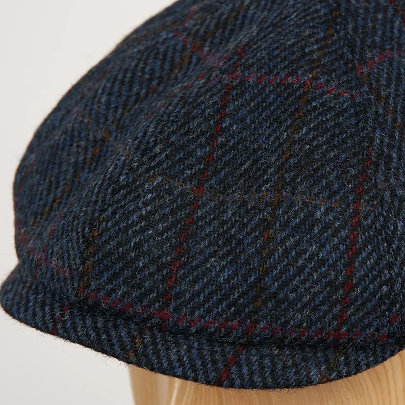 SHELBY Harris Tweed Genuine Scottish 8 Panels Newsboy PEAKED  Cap Applejack Bandit Hooligan Gangster Wool Ivy League Hat BLUE-RED