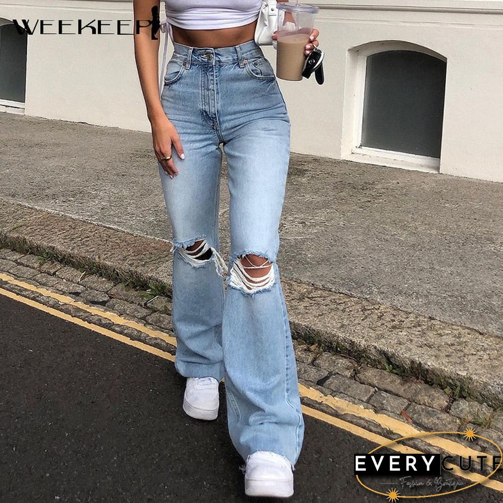 Weekeep Streetwear Heart Holes Cut Out Jeans Women High Waist Slim Long Denim Pencil Pants Summer Vintage Harajuku Blue Trousers