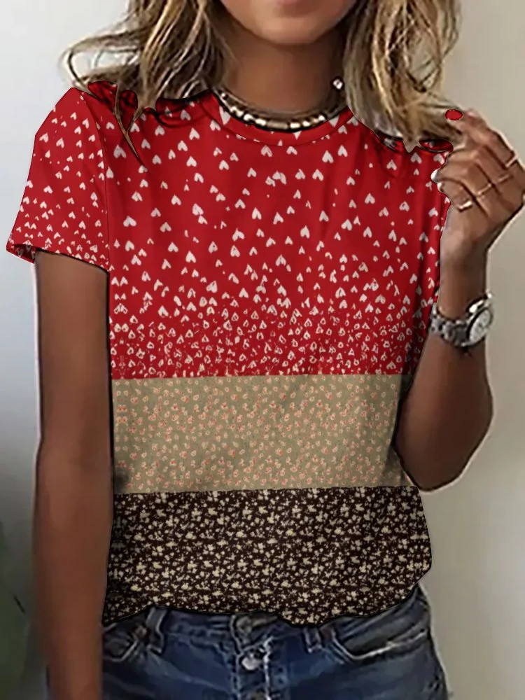 Printed Short Sleeve Casual T-shirt for  Women and Men Unisex Pattern Floral,Heart,Red,Light Coffe,Navy,Stitch