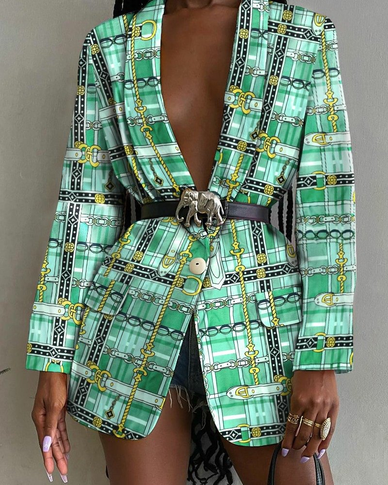 Autumn Fashion Printed Shawl Collar Belt Suit Jacket Women Coats