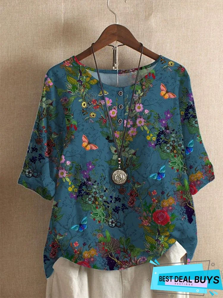 Round Neck Floral Print Long-sleeved Blouse