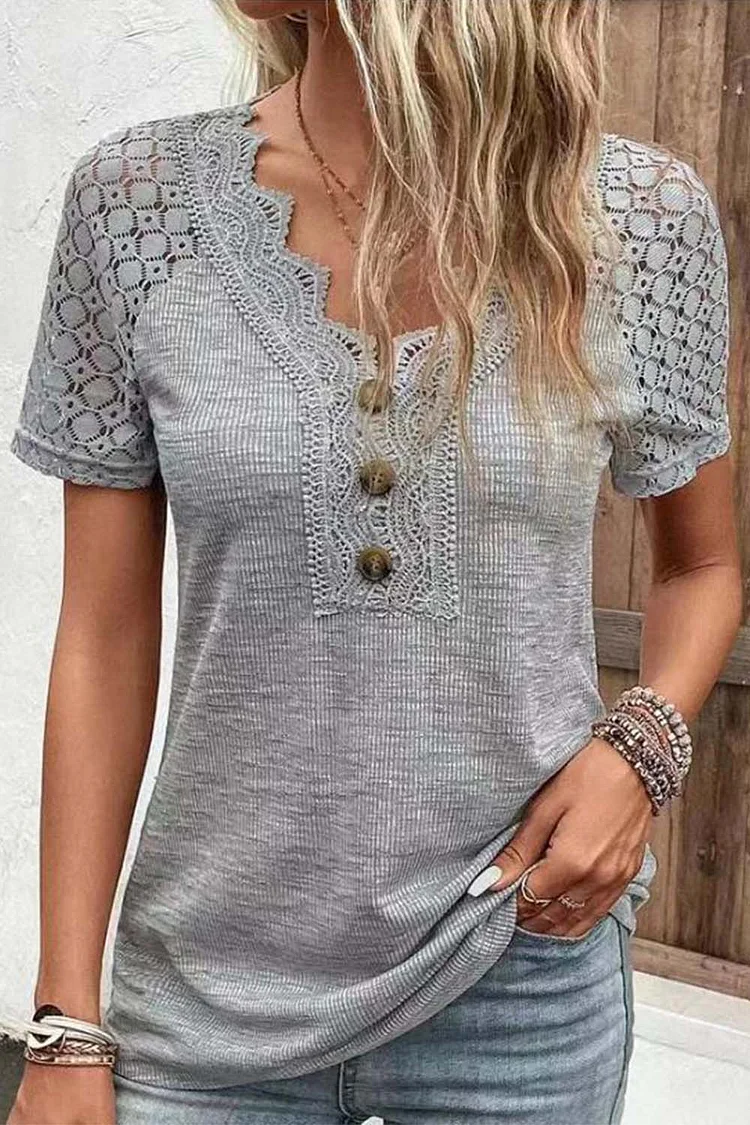 Plus Size Casual Grey Solid Color Lace Stitching Wavy Collar Buttons Short Sleeve Blouse  Flycurvy [product_label]