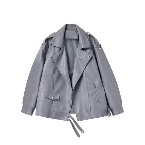 FTLZZ Spring Autumn New Women Soft Faux Leather Jacket Motorcycle Zipper Loose Pu Punk Coat Female Rivet Casua BF Style Overcoat